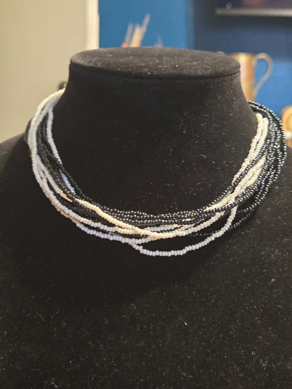 Vintage Multi-Strand Black and White Seed Bead Necklace